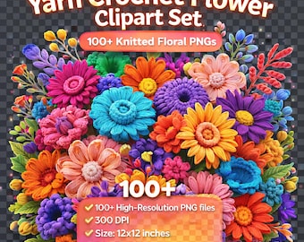 Conjunto de imágenes prediseñadas de flores de ganchillo con hilo: más de 100 imágenes PNG de flores tejidas (descarga digital)