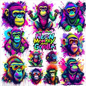 Puede incluir: Una vibrante impresión de arte digital con múltiples monos y gorilas de colores neón. Cada primate está representado con colores llamativos, accesorios y expresiones únicas. La frase "Neon Monkey and Gorilla" se muestra prominentemente en el centro.