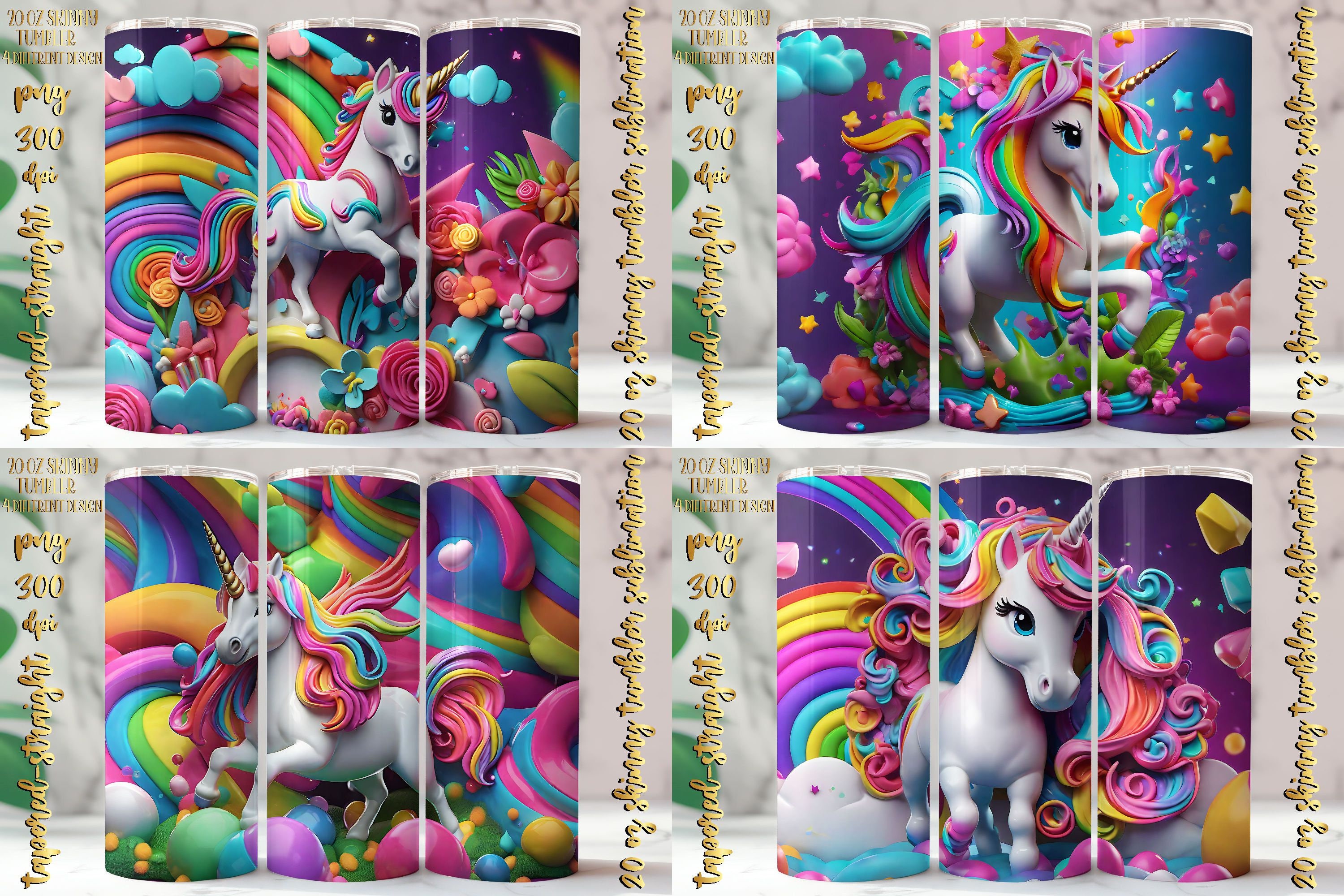 3D Neon Colors Unicorn Design 20 Oz Skinny Tumbler Wraps Png, Cute ...