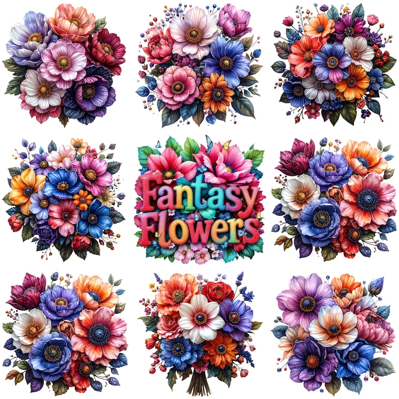 Watercolor Fantasy Flower Clipart Bundle, Floral Bouquet PNG ...