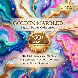 Golden Marbled Digital Paper: Abstract Liquid Gold Background (Digital Download)