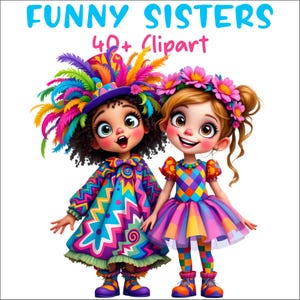 Cute Sisters Clipart Set, Funny Cartoon Girls PNG, Whimsical Kids Illustration, Digital Download Sublimation & Crafts, T-Shirts Sublimation