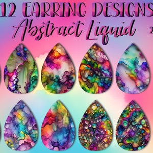 May include: Twelve abstract liquid earring designs in a teardrop shape. The designs feature vibrant colors, including purple, blue, green, yellow, and orange. The earrings are 2.2 inches by 1.5 inches.