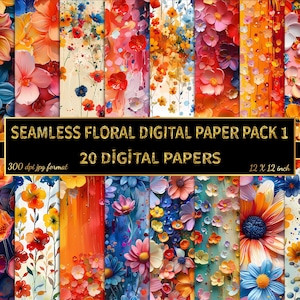 Puede incluir: Un paquete de papel digital con 20 patrones florales sin costuras en una variedad de colores, incluyendo rojo, naranja, amarillo, azul y morado. Los patrones son de 30,48 cm por 30,48 cm y 300 dpi.
