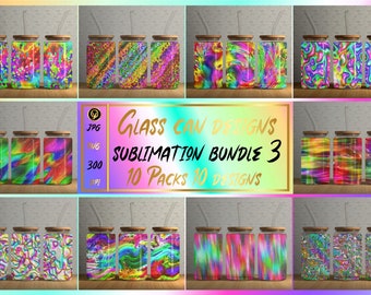 May include: A set of 10 sublimation designs for glass can wraps. The designs feature colorful, abstract patterns in shades of pink, blue, green, yellow, and orange. The text on the image reads "Glass Can Designs Sublimation Bundle 3 10 Packs 10 Designs".