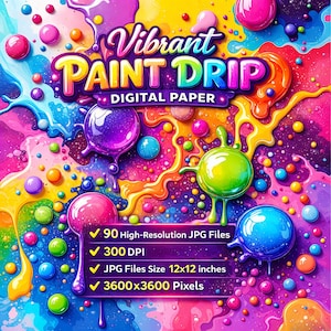 Papel digital con vibrantes gotas de pintura: texturas de salpicaduras de tinta neón (descarga JPG, 30,5 x 30,5 cm)