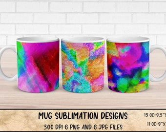 Rainbow Grunge Mug Sublimation Wrap: Abstract PNG Bundle (Digital Download)