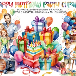 Clipart de fiesta de cumpleaños de acuarela, paquete PNG de sublimación de feliz cumpleaños, descarga digital