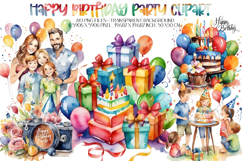 Watercolor Birthday Party Clipart, Happy Birthday Sublimation PNG ...