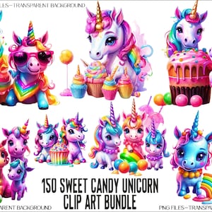 Paquete de 150 imágenes prediseñadas de unicornios de caramelo: diseños PNG de arcoíris (descarga digital)