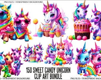 150 Candy Unicorn Clipart Bundle: Rainbow PNG Designs (Digital Download)