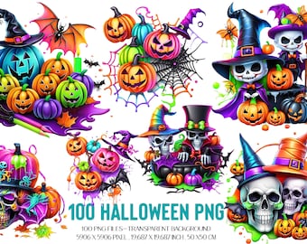 Könnte beinhalten: Ein Set mit 100 Halloween-PNG-Dateien mit bunten Kürbissen, Skeletten, Hexen und Fledermäusen. Die Bilder haben einen transparenten Hintergrund und sind 5906 x 5906 Pixel groß.