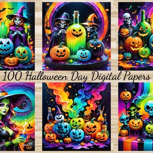 100 Halloween Day Digital Paper Bundle, Neon Halloween Charaktere Digital Papiere, Regenbogen Farben Halloween Horror Hintergrund Designs,