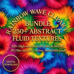 Puede incluir: Un vibrante paquete de arte digital con texturas fluidas abstractas en colores del arcoíris. La imagen incluye el texto "RAINBOW WAVE CLIPART BUNDLE, 250+ ABSTRACT FLUID TEXTURES". Los archivos miden 30,48 cm x 30,48 cm.