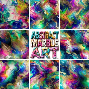 May include: Nine abstract marble art designs in various colours, including pink, blue, green, and gold. The central image features the text "ABSTRACT MARBLE ART" in a 3D design. The designs have a flowing, marbled appearance.