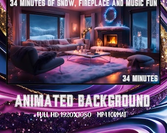May include: Animated background video featuring a cosy living room with a fireplace, snow falling outside the windows, and a Christmas wreath on the mantle. The video is 34 minutes long and in full HD 1920x1080 MP4 format.