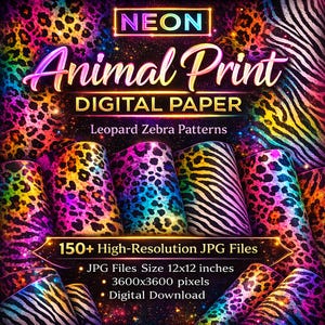 Neon Animal Print Digital Paper, Leopard Zebra Patterns (Digital Download)