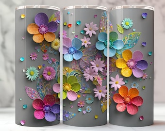 3D Floral Tumbler PNG Wrap: Vibrant Multicolor Flower Design (Digital Download)