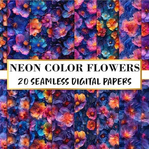 Neon Floral Digital Paper, Vibrant Seamless Flower Patterns, 20 JPG Backgrounds, 12x12 Scrapbook Paper, High-Resolution 300 DPI