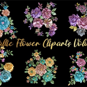 Metallic Embossed 3D Flower Bouquet Cliparts Volume 1,Wedding Flower Clipart Bundle,Floral Bouquets Cliparts,Floral Design Clipart