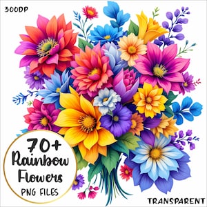 Pacchetto di clipart di fiori arcobaleno, set di PNG floreali luminosi, pacchetto di clipart di fiori arcobaleno, fiori acquerellati digitali per sublimazione