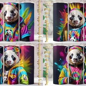 20 Oz Pop Star Cute Panda Skinny Sublimation Designs Pack.20 Oz Hippie Panda In Colorful Clothes, Animals Tumbler Wrap For Children.