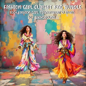 Boho mode meisje clipartbundel, 100+ trendy vrouw png, esthetische hippie meisje illustratie, digitale modekunst, boho-stijl graphics