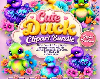 Colorful Baby Ducks Flowers Clipart Bundle, Spring Summer Crafts (Digital Download)
