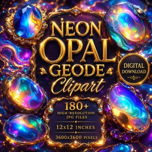 May include: A digital download collection of neon opal geode clipart featuring iridescent blue, purple, and gold swirling patterns. The text reads NEON OPAL GEODE Clipart, 180+ HIGH-RESOLUTION JPG FILES, 12x12 INCHES, 3600x3600 PIXELS, and DIGITAL DOWNLOAD.