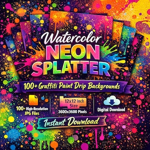 Papier numérique aquarelle avec éclaboussures de néon : plus de 100 arrière-plans graffiti (JPG)
