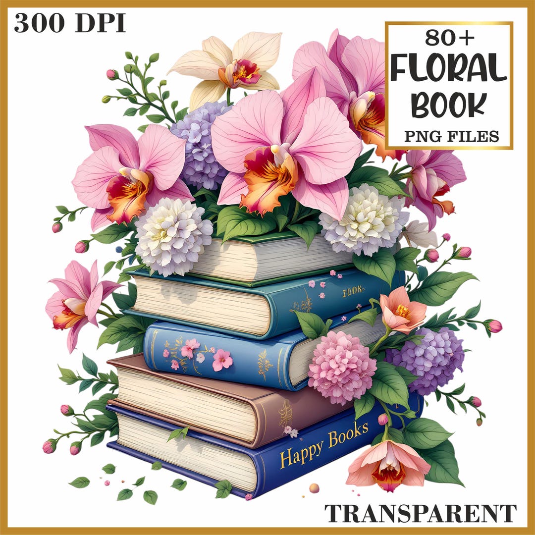 Floral Book Stack PNG: Vintage Books and Flowers Clipart (digital ...