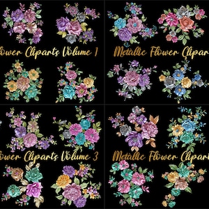 Metallic Flower Clipart Bundle: Embossed 3D Floral Designs (PNG)