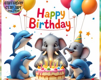 Cute Animal Birthday Clipart Bundle, Kids Party Decorations (PNG Transparent Files)