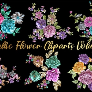 Metallic Flower Clipart Bundle: 3D Embossed Floral Designs (Digital Download)
