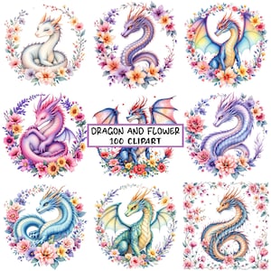 Watercolor Dragon Clipart Bundle: Whimsical Floral PNGs (100 Files)