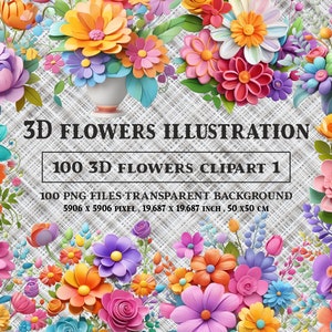 3D Blumen Clipart 1, 100 3D Blumen-Illustration, hochwertige Blumen Clipart PNG, 100 digital gemalte Blumen Clipart Png-Bundle,