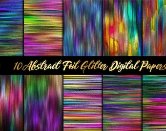 Op de afbeelding: Tien digitale papieren met abstracte folie-glitterontwerpen. De papieren tonen een verscheidenheid aan kleuren, waaronder blauw, groen, paars, roze, geel en oranje. De ontwerpen bestaan uit verticale strepen die een glinsterend effect creëren.