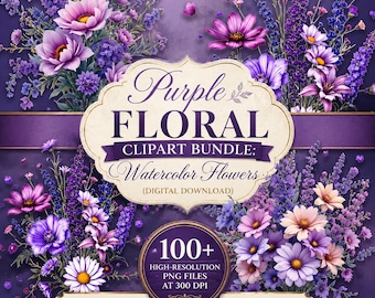 Purple Floral Clipart Bundle: Watercolor Flowers (Digital Download)