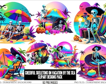 Skeletons Vacation Clipart Designs, Funny Halloween PNG Bundle (Digital Downloads)
