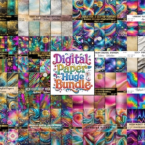 Paquete enorme de papel digital abstracto con más de 4500 texturas, brillo arcoíris, grunge, metálico, pastel, holográfico, fondos celestiales y más.