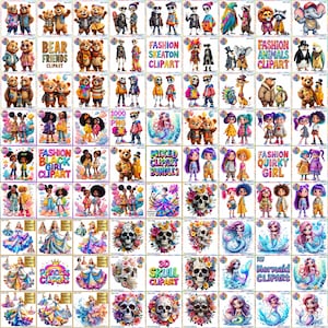 Mixed Clipart Bundle 2 mit 1000+ PNG Dateien | Mode Mädchen, Meerjungfrauen, niedliche Bären, Prinzessinnen, 3D-Schädel, Tiere und mehr | 300 DPI