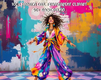 Boho Mode Mädchen Clipart: 100+ trendige PNG Grafiken (digitaler Download)