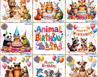 Animal Birthday Clipart Bundle, Cute Party Animals (PNG Digital Download)