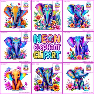 Neon Elephant Clipart Bundle: 100+ Colorful PNGs for Kids Crafts