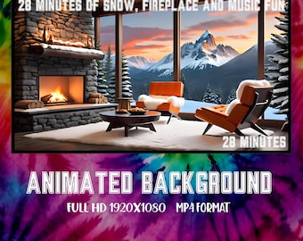 May include: Animated background video featuring a cosy living room with a fireplace, two chairs, and a large window overlooking a snowy mountain scene. The video is 28 minutes long and in full HD 1920x1080 resolution. The text "NON-STOP SNOW, FIREPLACE AND MUSIC" is at the top of the image. The text "28 MINUTES OF SNOW, FIREPLACE AND MUSIC FUN" is below the image. The text "28 MINUTES" is at the bottom of the image. The text "ANIMATED BACKGROUND" is below the image. The text "FULL HD 1920X1080 MP4 FORMAT" is below the image.