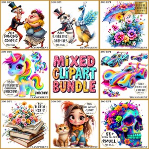 Mixed Clipart Bundle 1 with 1000+ PNGs , Unicorns, Skulls, Flowers, Racing Cars, Floral Umbrellas, Animals, Girls, Books & More