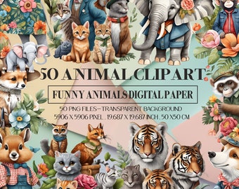 50 Funny Animal Clipart PNG - 3D Illustration (Digital Download)