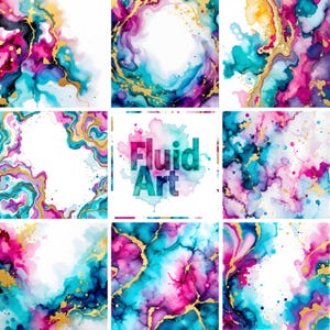 Aqua Pink Gold Fluid Art Digital Paper: 60+ Marble Backgrounds (Digital Download)