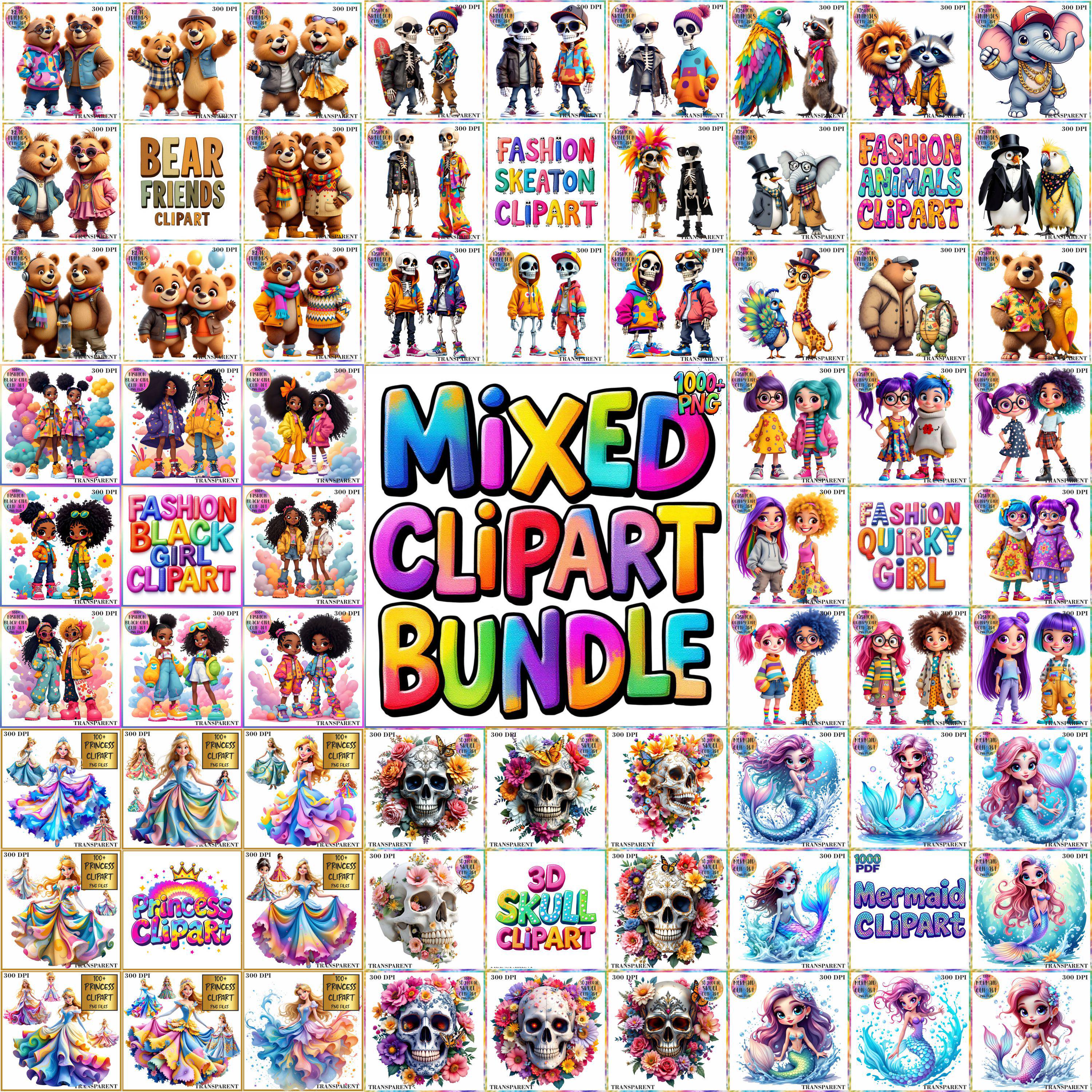 1000+ Mixed Clipart Bundle: Fashion Girls, Mermaids, Skulls (300 DPI ...