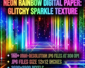 Neon Rainbow Digital Paper: Glitchy Sparkle Texture (12x12in JPG Digital Download)
